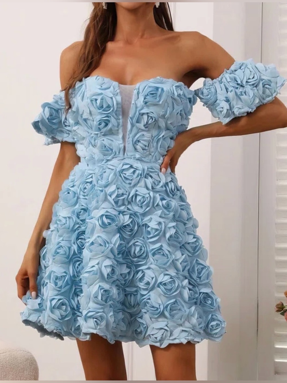 Faeriesty Sky Blue Off-Shoulder Short Sleeve 3D Flower Mini Dress Sz 2XL